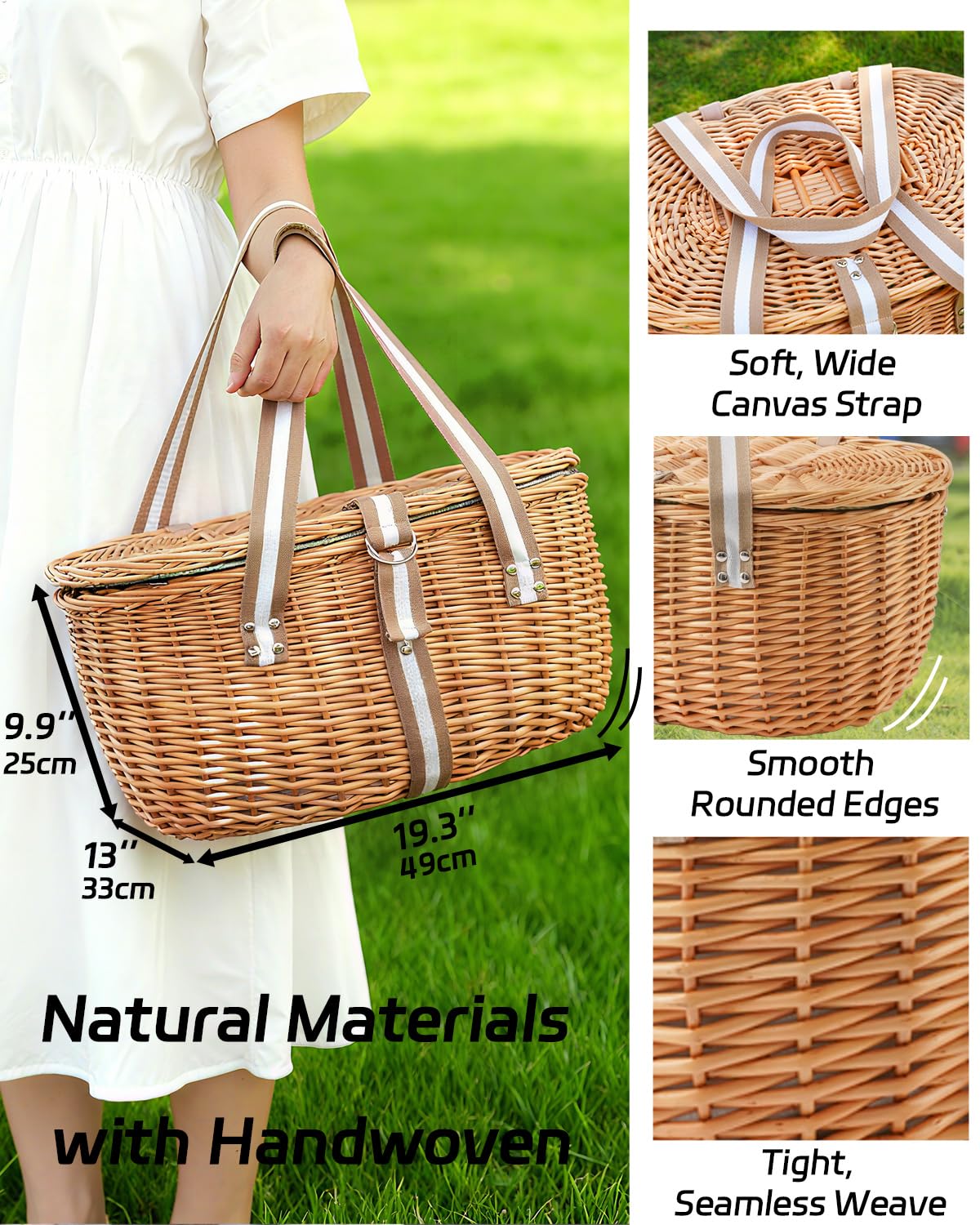 WeaveNove Picnic Basket Insulated with Lid, Extra Large Wicker Picnic Basket with Waterproof Insulated, Handwoven Portable Vintage Picnic Hamper 8.4 Gal(31.7L), Camping Outdoor Gifts Date, Natural