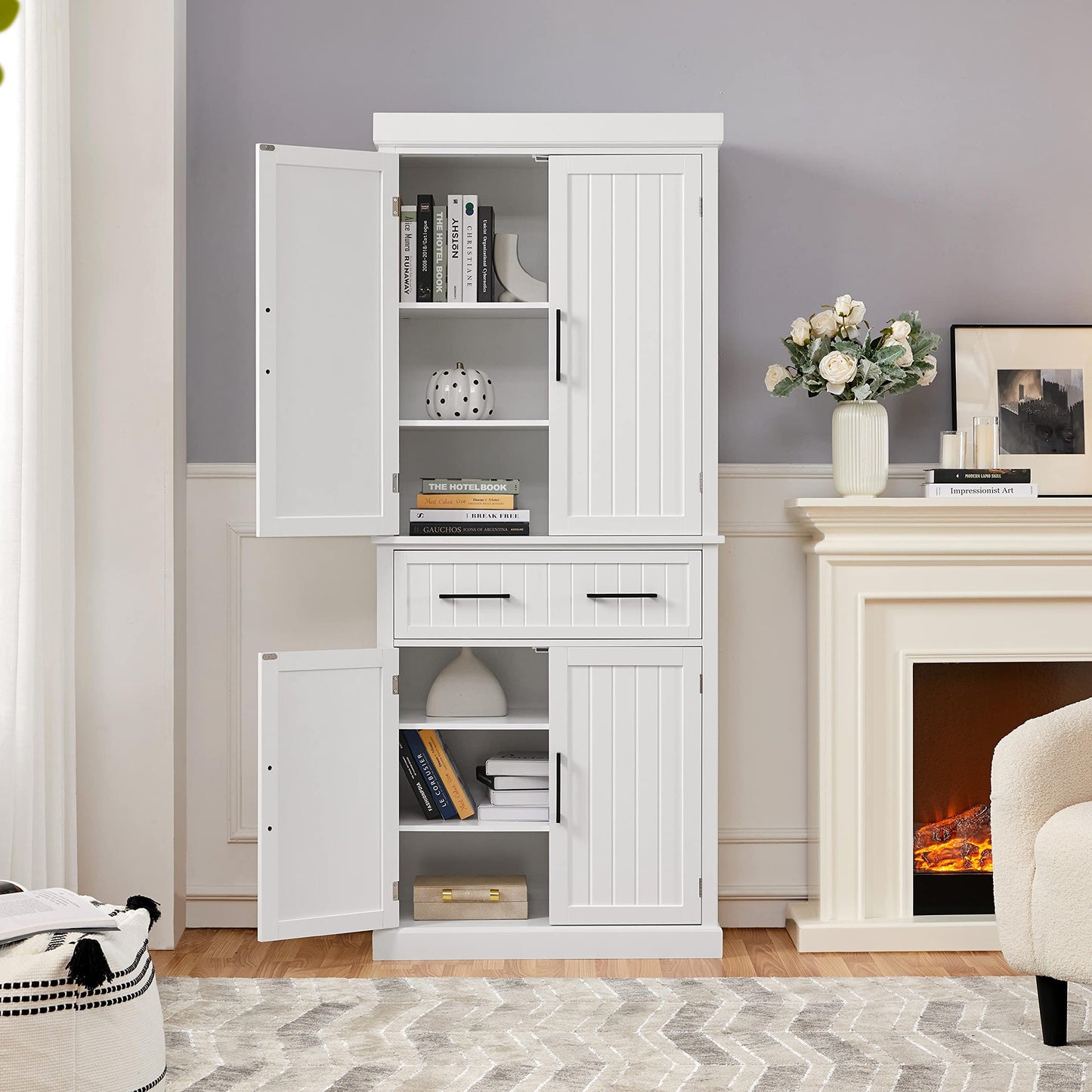 Yaheetech 72.5" Bathroom Floor Cabinet Wooden Storage Organizer with 4 Doors and 1 Drawer, Free-Standing Cupboard for Kitchen/Living Room/Bathroom Use, White