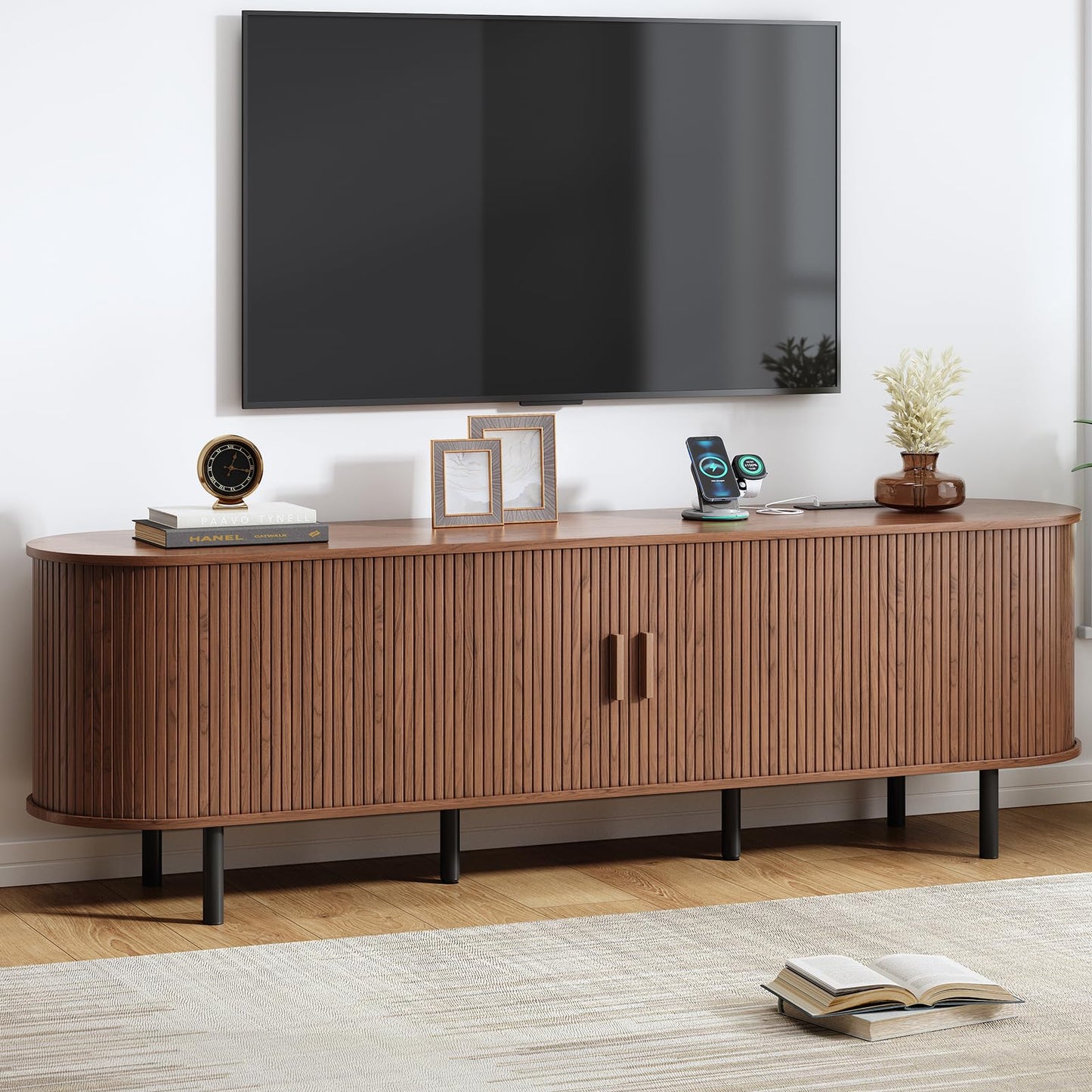 70.8" TV Stand with Power Outlet, Mid-Century Modern Television Stand, Fluted Media Console with Sliding Doors, Entertainment Center for TVs up to 60 Inch, Adjustable Shelves, Walnut