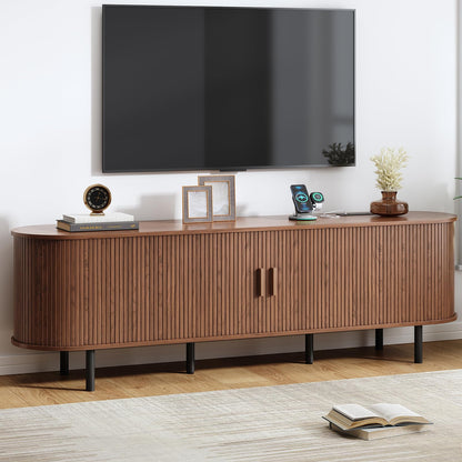 70.8" TV Stand with Power Outlet, Mid-Century Modern Television Stand, Fluted Media Console with Sliding Doors, Entertainment Center for TVs up to 60 Inch, Adjustable Shelves, Walnut
