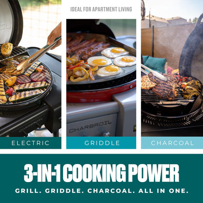 Charbroil 3-in-1 Dual Fuel Outdoor Bistro Pro Electric Grill & Griddle + Charcoal Mode BBQ, Red - 25302146