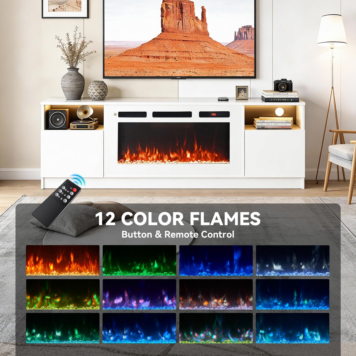 OneBlis 70" Fireplace TV Stand, LED Light Entertainment Center for TVs Up to 80", High-Gloss Door, Modern TV Console for Living Room with Storage Cabinet, White+White