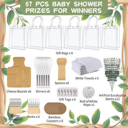 67Pcs Baby Shower Prizes for Game Winners Baby Shower Games Prizes 6 Sets Bamboo Cheese Board Spoon Fork Knives Towel Rattan Coasters Artificial Eucalyptus Stems Thank You Card Stirrers Gift Bags