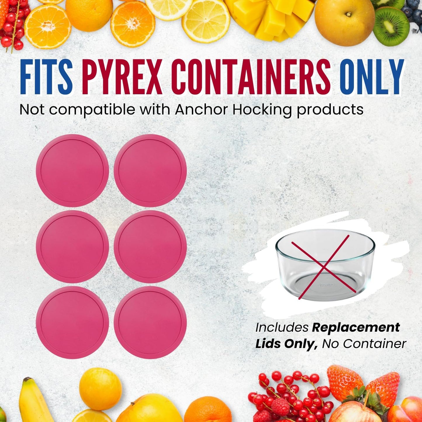 Replacement Lid for Pyrex 5" Storage Plastic Cover 2 Cup Bowl 7200-PC Fuchsia (6-Pack)