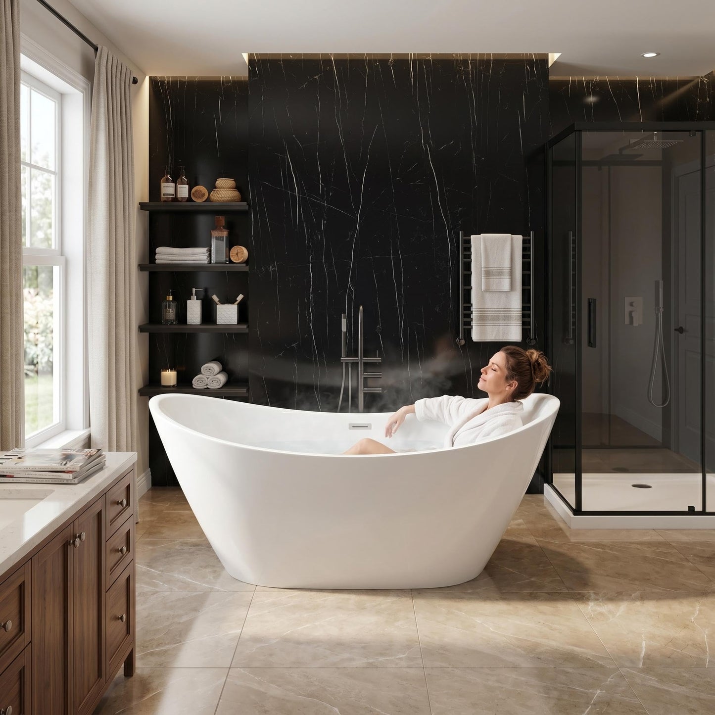 67" Acrylic Freestanding Bathtub, Deep Soaking Tub with Non-Slip Surface, Modern Free Standing Bath Tub, Chrome Drain, CUPC Certified, Easy Install, Space-Saving Bathtub for Bathrooms, White