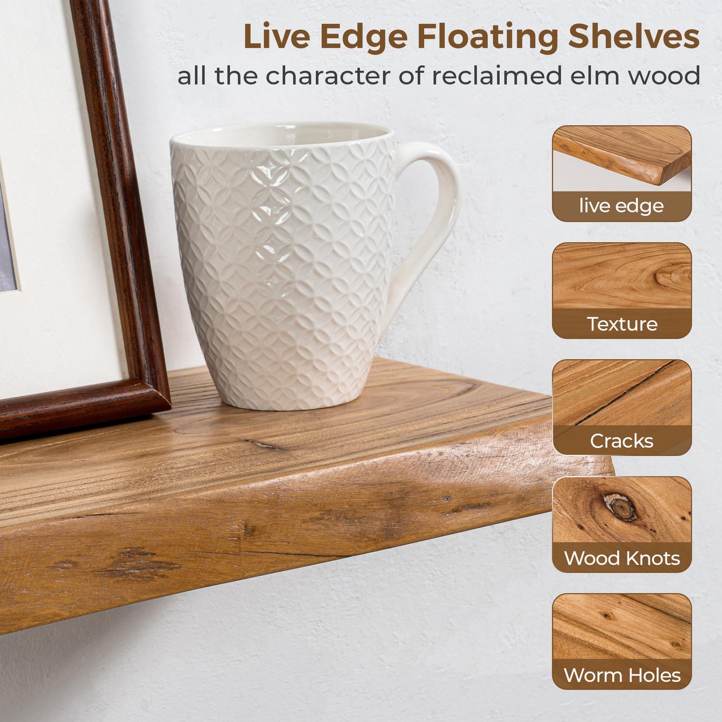 Axeman 36 inch Floating Shelves for Wall - 8'' D Live Edge Rustic Solid Elm Wood Floating Shelves Wall Mounted, Wall Shelves with Invisible Bracket for Living Room Bedroom Kitchen, Set of 2 Natural