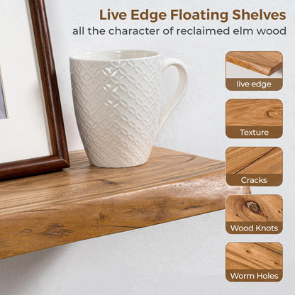 Axeman 36 inch Floating Shelves for Wall - 8'' D Live Edge Rustic Solid Elm Wood Floating Shelves Wall Mounted, Wall Shelves with Invisible Bracket for Living Room Bedroom Kitchen, Set of 2 Natural