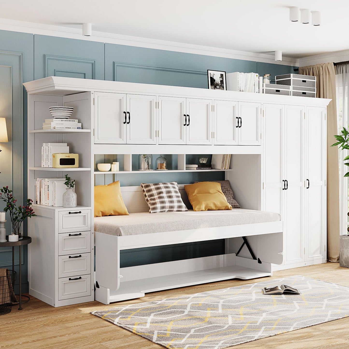 Merax Twin Size Murphy Bed with Desk, Multifunctional Wood Foldable Wall Bed with Wardrobe, Drawers and Cabinet, Space-Saving Hidden Bed for Guest Room Office, No Box Spring Needed, White