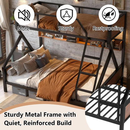 Bellemave Twin XL Over Queen Bunk Bed with Shelves, Metal Bunk Beds with Ladders and Lights, Heavy-Duty Bunkbed for Bedrooms, Guest Rooms and Dorms, No Box Spring Needed and Noise-Free Design, Black