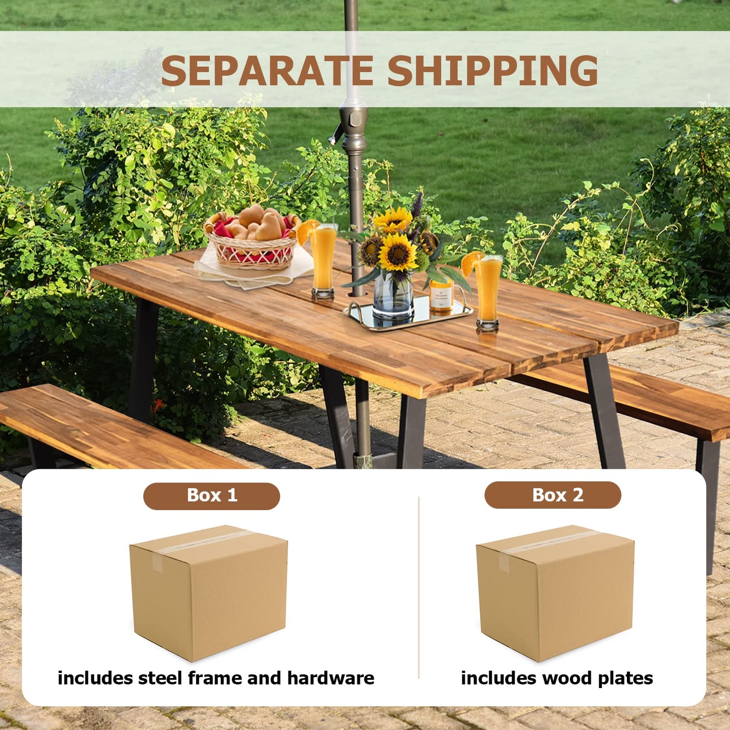 S AFSTAR 70" Outdoor Picnic Table, Heavy Duty Wooden Table and Bench Set with Umbrella Hole, All-Weather Acacia Wood Picnic Tables for 6, Garden, Backyard, Porch, Patio