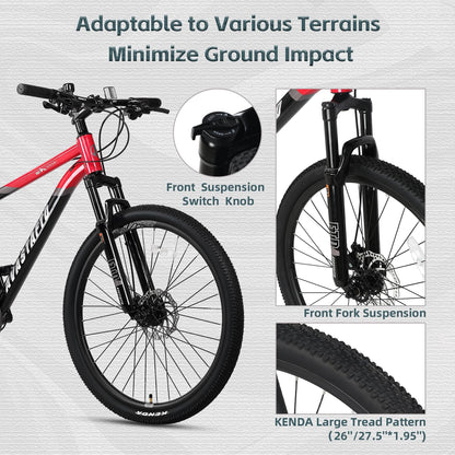 AVASTA 27.5-inch Mountain Bike for Man Male and Woman Female Adult with Lightweight Aluminum Alloy Frame and Dual Disc Brakes,Front Suspension,21-Speed Gear Shifters,Hidden Brake Cables,Red