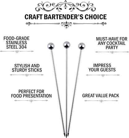 Cocktail Picks Martini Stirrers Toothpicks – 24 Pack Reusable Stainless Steel Metal Drink Skewers for Appetizers