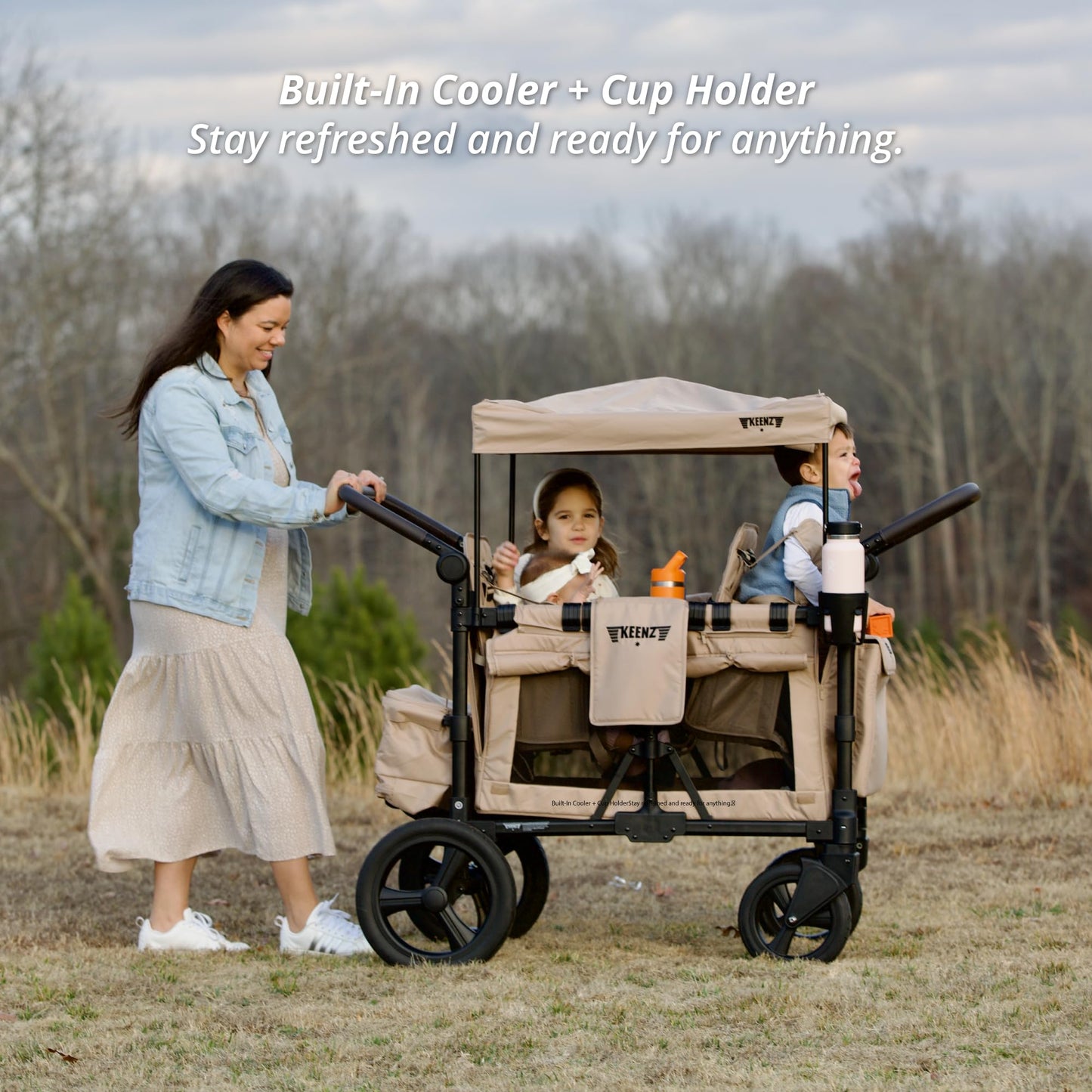 Keenz MOOV 4-Passenger All-Terrain Stroller Wagon with Reclining Seats, Built-in Cooler, Push/Pull Handle, Rubber Wheels, and Activity Tray – Foldable Wagon for Four Kids, Mocha