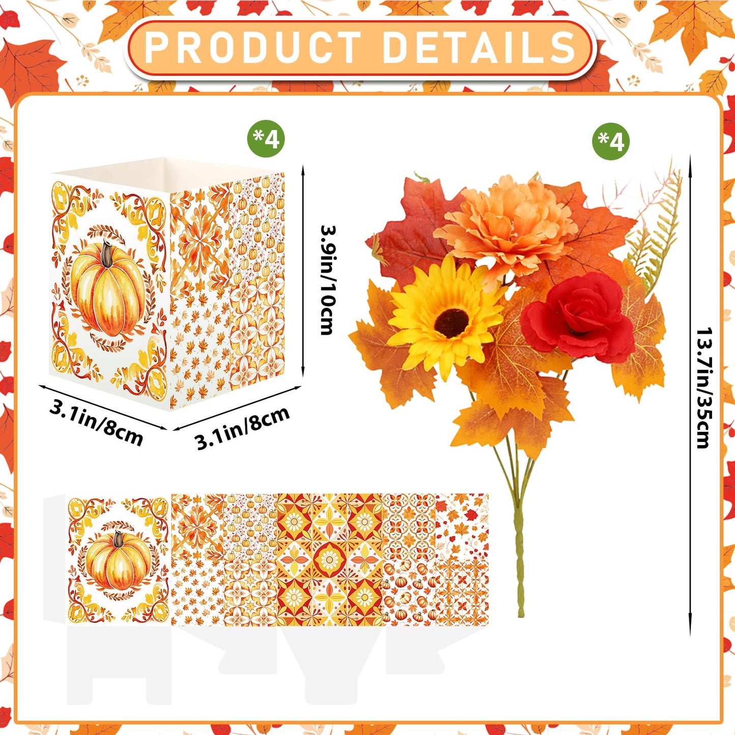 Pzhgoct Thanksgiving Centerpices for Tables Thanksgiving Table Decor with Artificial Flowers Set for Autumn Fall Office Home Farmhouse Harvest Holiday Party Centerpieces Decor (4 Sets)