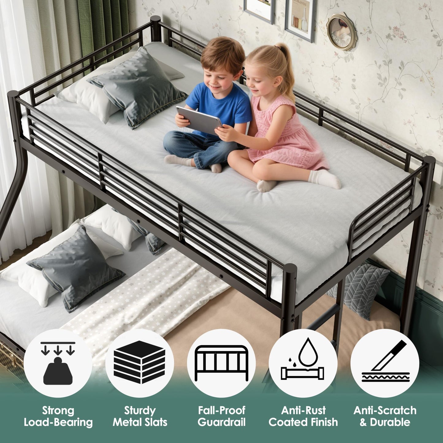 Cyranture Twin XL Over Queen Bunk Bed Size, Heavy Duty Bunk Beds with Bottom Space & Guardrail Metal Bunk Bed Frame for Adults Dorm Bedroom Guest Room, No Box Spring Needed（Upgrate Black）