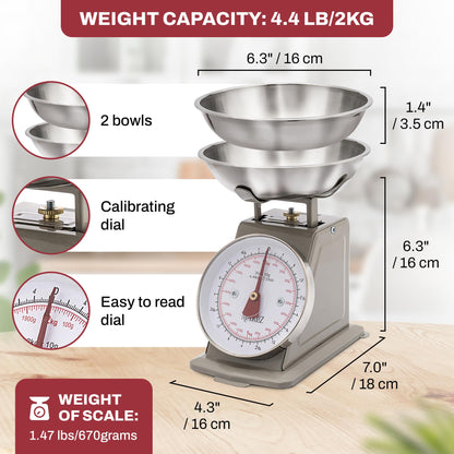 MARLIZ Small Retro Kitchen Scale 4.4Lb/2Kg with 2 Bowls |Mechanical dial Scale| Vintage | Pesa para alimentos| bascula de cocina|Bakers Scale