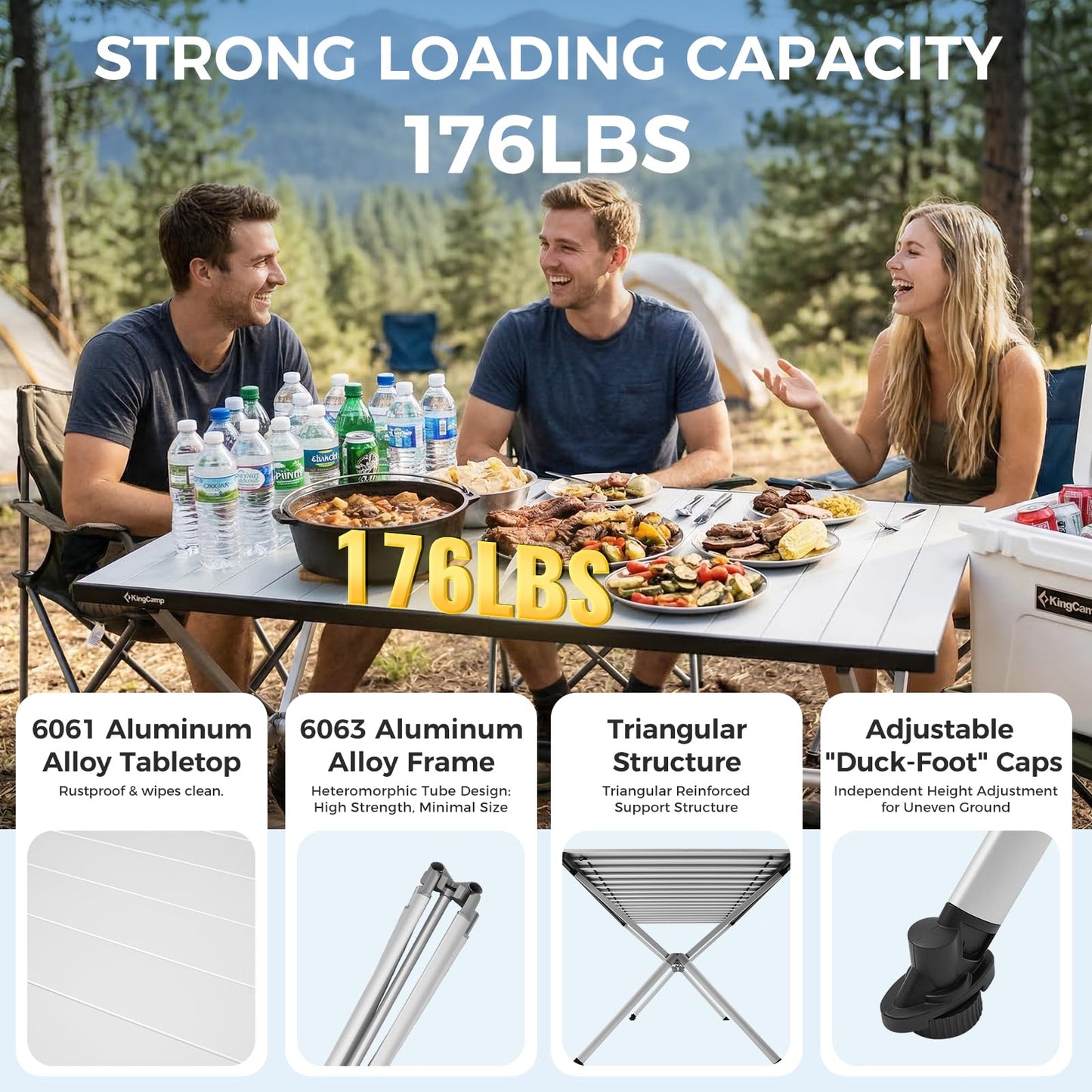 KingCamp Large Folding Camping Table Aluminum Roll Up Table Oversized Camp Table Stable Portable Outdoor Folding Table for Picnic Camping BBQ Backyard Party, 57.4''×31.4'' 6-8 Person,Support 176lbs