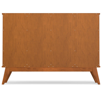 SIMPLIHOME Draper Console Table - 57 Inch Wide Solid Hardwood 8-Cube Sofa Table in Teak Brown, Mid-Century Modern Bookcase for Entryway or Living Room with 8 Open Storage Cubbies and Tapered Legs