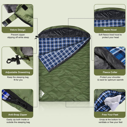 AGEMORE Cotton Flannel Double Sleeping Bag with Fleece Lined Hood, Waterproof Queen Size 2 Person Sleeping Bag for Adults Cold Weather Camping Backpacking or Hiking, 3-4season