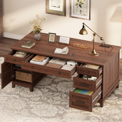IDEALHOUSE Farmhouse Executive Desk 60 Inch, Wooden Home Office Desk with Adjustable Storage Cabinet, Built-in Charging Port, File Cabinet for Writing & Study, Elegant Workstation, Retro Brown