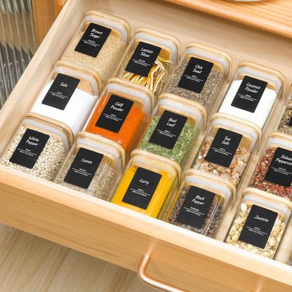 ComSaf 16Pcs Glass Spice Jars with Bamboo Lid, 4oz Airtight Square Spice Containers with 275 Black Lables, Empty Seasoning Jars for Spice Salt Sugar