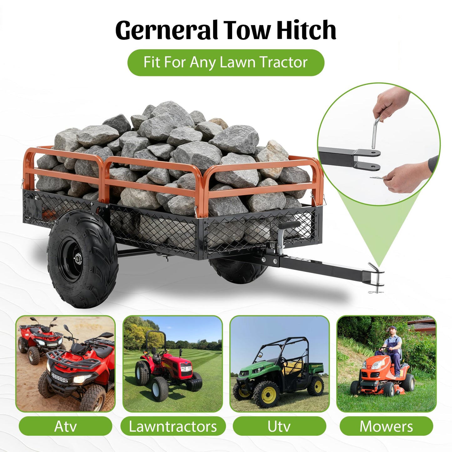 1500LBS Capacity 15 Cubic Feet Dump Cart Trailer, Heavy Duty Tow Behind Hauling Wagon with Dual Control Dumping for ATV UTV, Lawn Tractor and Garden Use