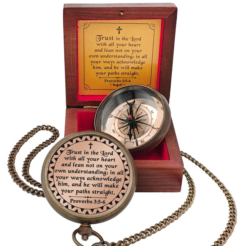 Trust in The Lord - Proverbs 3:5-6 Engraved Brass Pocket Compass, Communion Confirmation Gift, Baptism Gifts for Teen Boys, Best Christian Gifts for Men Kids, Religious God's Compass Easter Christmas