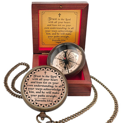 Trust in The Lord - Proverbs 3:5-6 Engraved Brass Pocket Compass, Communion Confirmation Gift, Baptism Gifts for Teen Boys, Best Christian Gifts for Men Kids, Religious God's Compass Easter Christmas