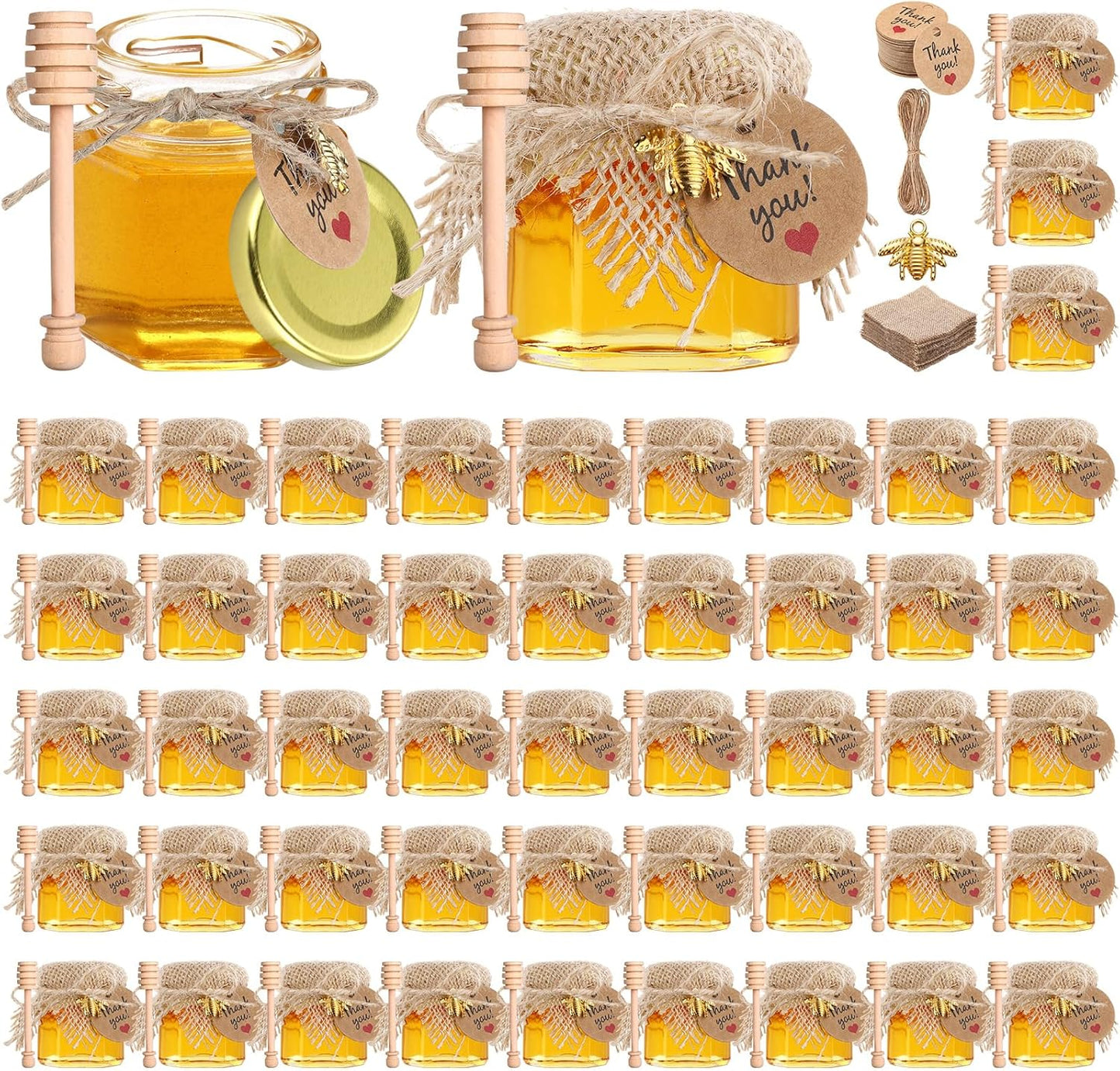 Funnymoom 30 Set 1.5 oz Mini Honey Jars Party Favors in Bulk Hexagon Glass Honey Jar with Dipper Bee Charms Thank You