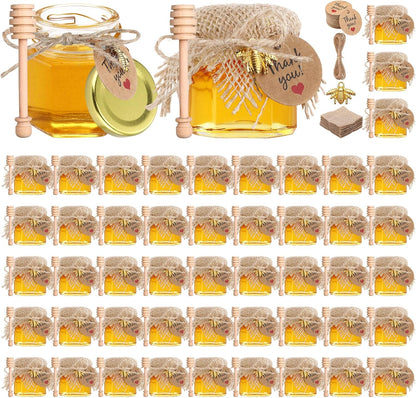 Funnymoom 30 Set 1.5 oz Mini Honey Jars Party Favors in Bulk Hexagon Glass Honey Jar with Dipper Bee Charms Thank You
