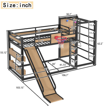 Bellemave Metal Twin Over Twin Bunk Bed Frame with Slide,Twin Size Floor Bunk Bed and Basketball Hoop,Pull-up Rings and Climbing Wall,Heavy Duty Bunk Beds with Bookshelves for Kids Girls Boys,Natural