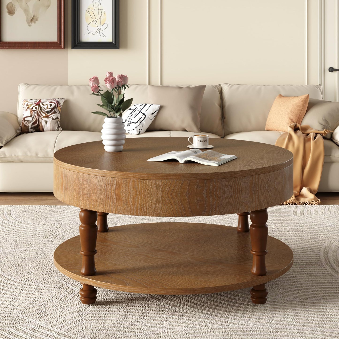 Hayzz Round Coffee Table with Storage 31.5 Inch, Modern Lift Top Accent Coffee Table with Hidden Compartment & Lower Shelf, Adjustable Leveling Feet, Easy Assembly for Living Room, Walnut Brown
