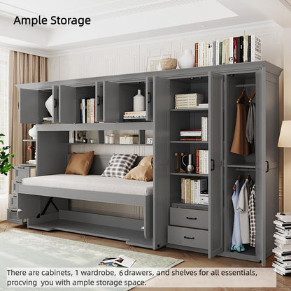 Merax Twin Size Murphy Bed with Desk, Multifunctional Wood Foldable Wall Bed with Wardrobe, Drawers and Cabinet, Space-Saving Hidden Bed for Guest Room Office, No Box Spring Needed, Grey