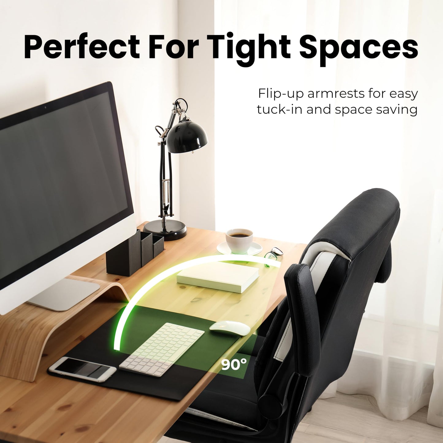 NEO CHAIR Office Desk Computer Chair Ergonomic Executive Mid-Back Leather Gaming Chair with Adjustable Flip-Up Armrests Wheels Swivel for Home Study Task (Black)