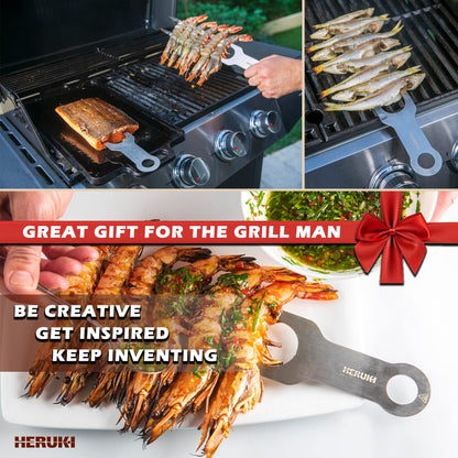 HERUKI Double Skewers Plus 2 Heat-Resistant Cast-Iron Handle Sleeves and 2 Potholders Bundle Premium Grill Kitchen Accessories for Kabob, Shawarma, Meat Fish Chicken BBQ Gift Set