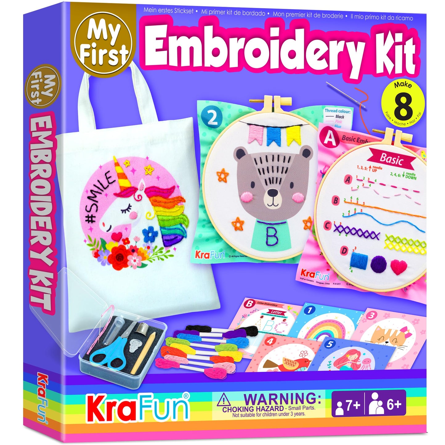 KRAFUN My First Embroidery Kit for Kids & Teens Age 8+, Beginner Hand Stitch Starter Set, 7 Pre-Printed Practice Cloths, DIY Tote Bag, Hoop & Tool Box, Arts & Crafts Gift for Girls