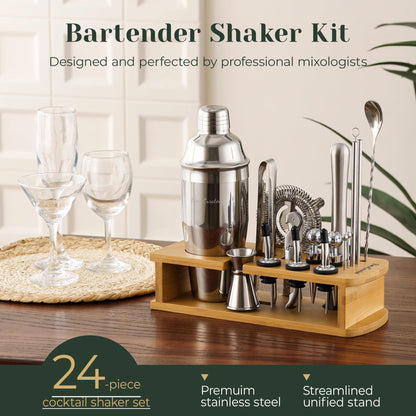 HomeCurated Cocktail Shaker Set,24-Piece Bar Bartender Kit with Stand,Martini Shaker,Jigger,Strainer,Mixer Spoon,Muddler,Liquor Pourers,Tongs,Opener,LCE Ball Mold&LCE Cubes,Bottle Stoppers|Silver