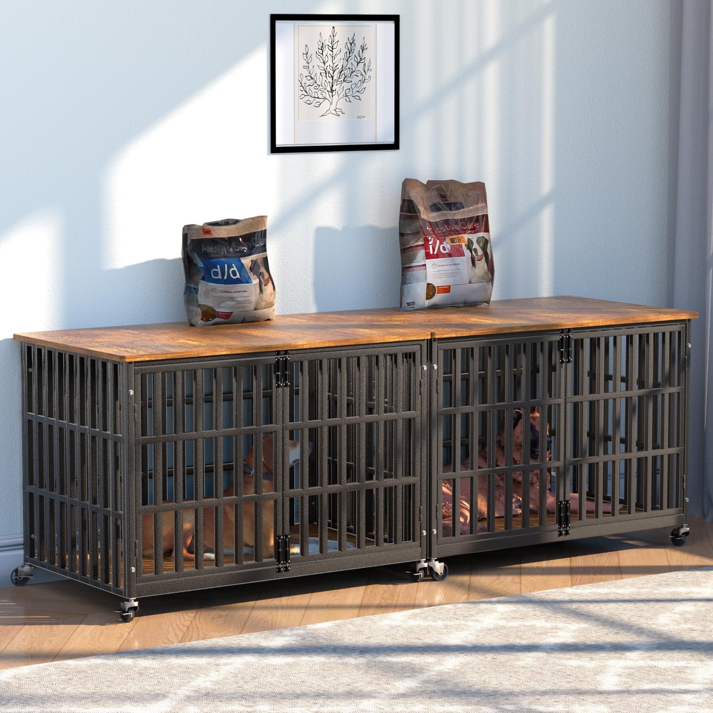 38 Inch Dog Crate Furniture, Heavy Duty Wooden Dog Kennel for Large Dogs, Chew Proof & Escape-Proof Indoor Dog Cage with TV Stand, for Anxious Dogs, Black Brown Cabinet