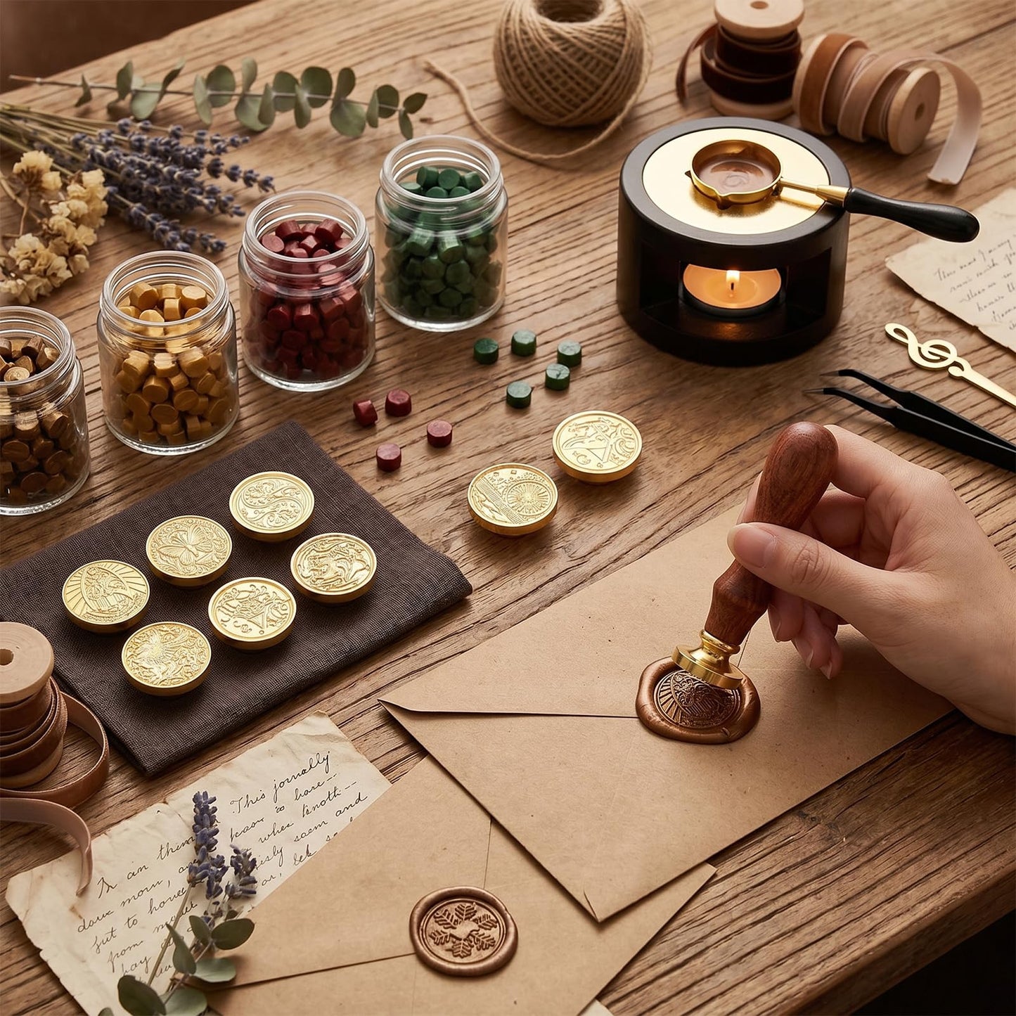 18Pcs Wax Seal Stamp Kit,Classic Sealing Wax Stamp Heads with Wooden Handle Metal Wax Seal Molds, Wax Warmer Melting Spoon Silicone Mat for Wedding Invitation Letter Envelope Gift Cards DIY Crafts