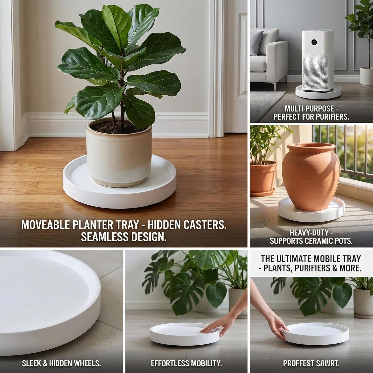12.4inch 2Pack (12.4inch) Plant Caddy with Hidden Wheels White Round Rolling Plant Stands ,Mobile Tray Trolley