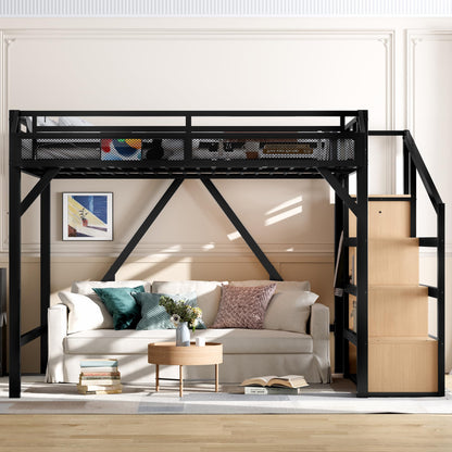 KEIKI Queen Size Loft Bed with Storage Stairs for Adults, Heavy Duty Bunk Beds with Shelves, Wardrobe, Metal Bedframe with USB Ports for Bedroom, Natural