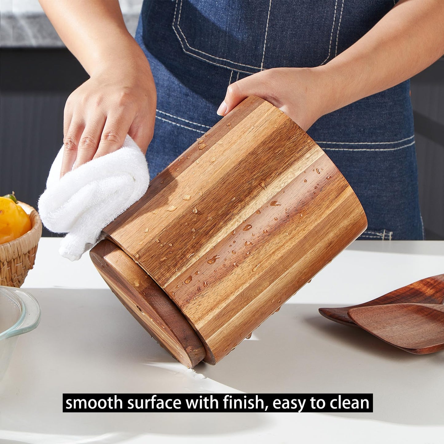 LOHONER Acacia Wood Utensil Holder, 360° Rotating, Large Countertop Organizer, Farmhouse Kitchen Decor