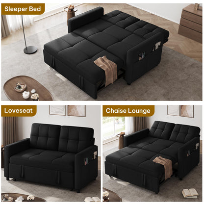 DWVO 55" Convertible Sofa Bed, 3-in-1 Sleeper Sofa with Pull-Out Bed, Linen Futon Couch with Adjustable Backrest and Side Pocket, Modern Loveseat for Living Room Apartment, Balck