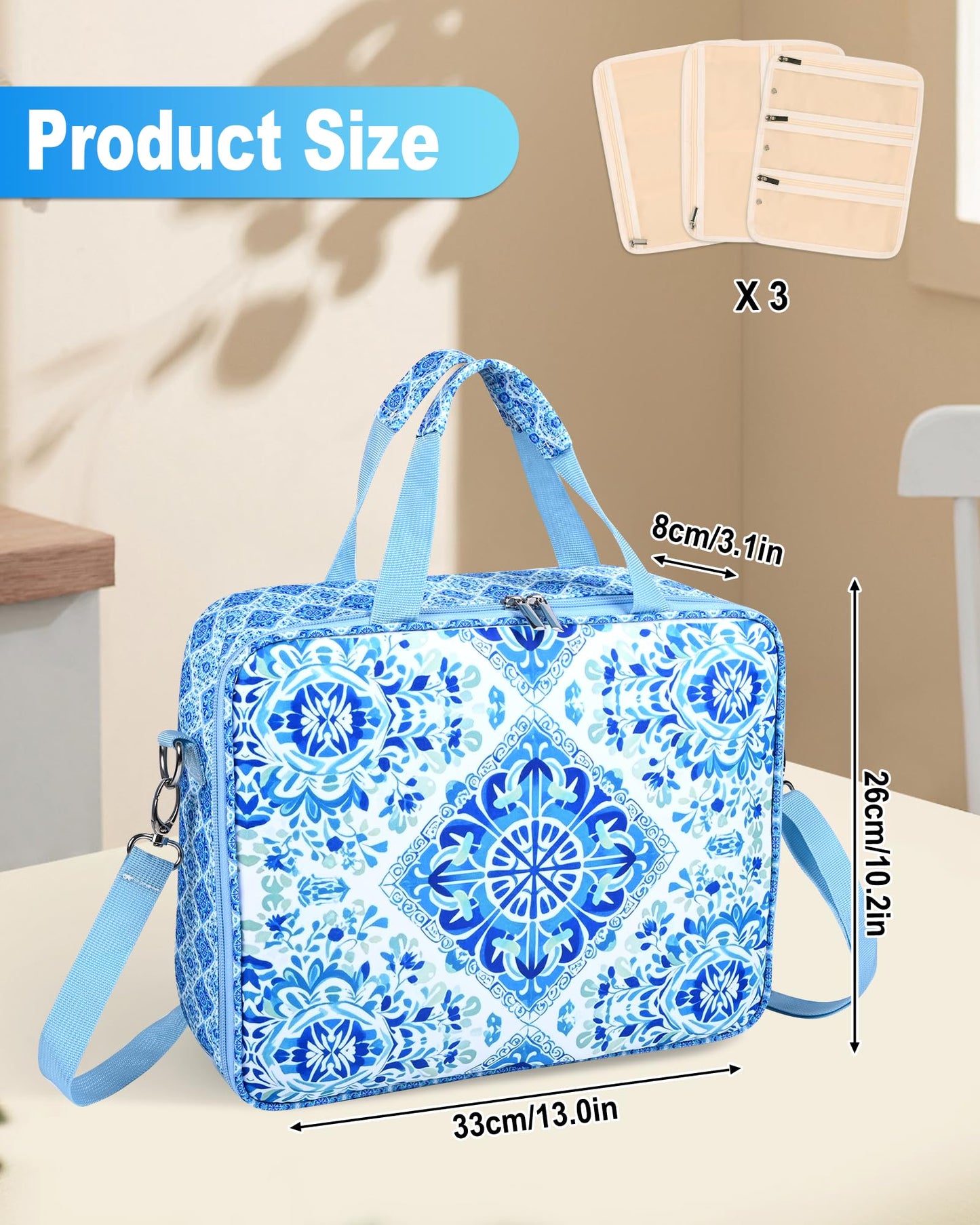 Telawsfun Sewing Supply Storage Bag with Removable Binder, Large Capacity Sewing Organizer Tote With Multi Pocket for Threads, Needles, Scissors, Craft Supplies(Blue Floral)
