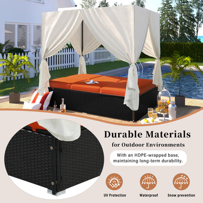 roomfitters Luxury Cabana Vibrant Orange Outdoor Double Chaise Lounge Patio Daybed with Privacy Curtains and Adjustable Reclining Backrest