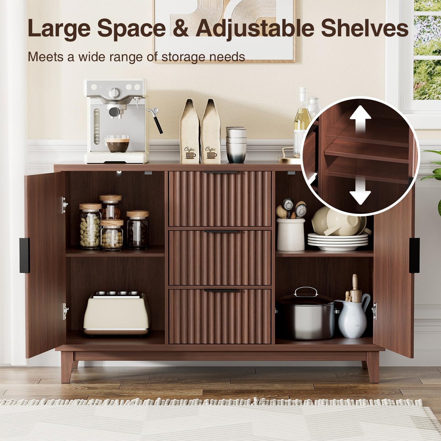 47.2" W Storage Cabinet with 3 Drawers, Fluted Buffet Cabinet with Storage, Large Sideboard with 2 Door, Modern Mid Century TV Stand Coffee Bar Cabinets for Living Room, Kitchen, Entryway