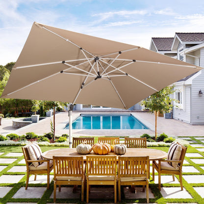 LKINBO 10x13 FT Rectangle Cantilever Umbrella with Cross Base, Heavy Duty Large Patio Umbrella 360 Degree Rotation Outdoor Offset Umbrella with Easy Tilt & Crank for Pool Deck Backyard, Khaki