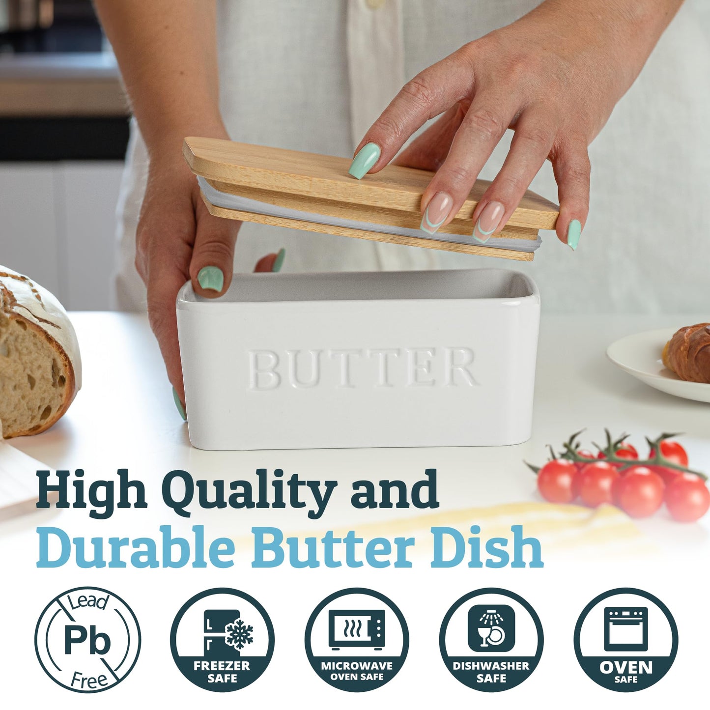 PriorityChef Extra Large Butter Dish with Lid for Countertop, Ceramic Butter Container With Airtight Cover, Butter Keeper for Counter or Fridge, Butter Holder Storage, White