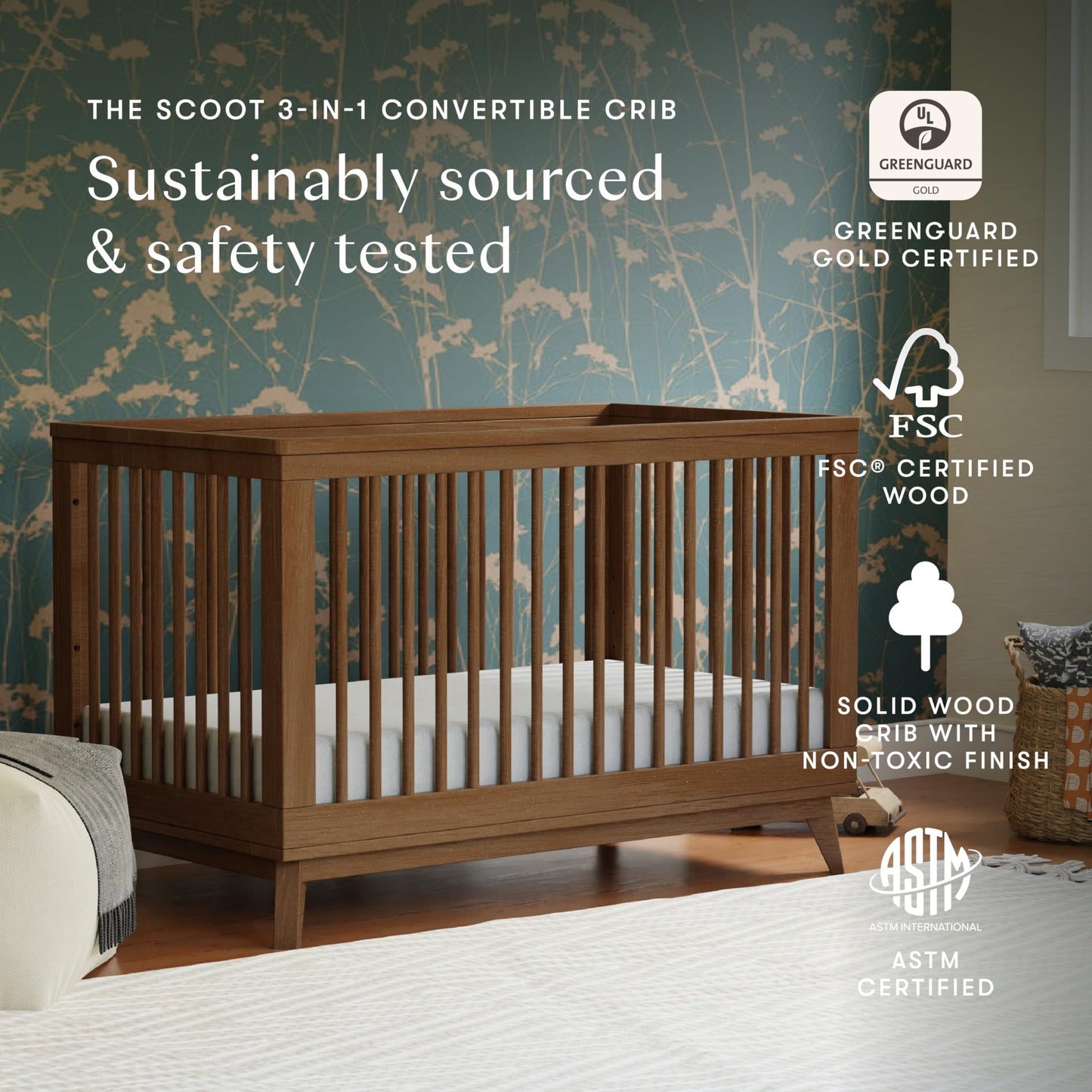 Babyletto Scoot 3-in-1 Convertible Crib with Toddler Bed Conversion Kit in Natural Walnut, Greenguard Gold Certified