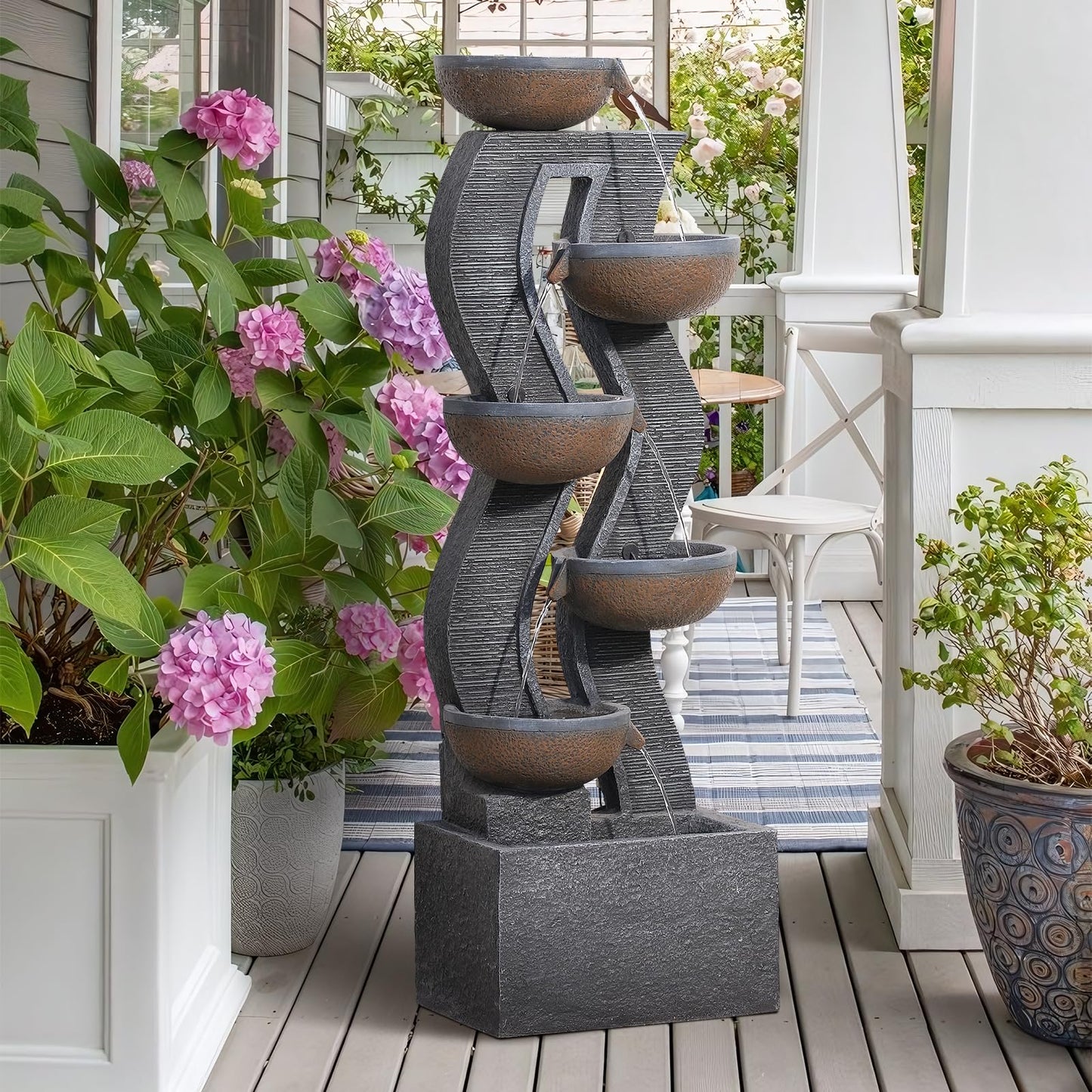 Takamota 52.8" Tall Outdoor Water Fountain with Lights, 6-Tier Cascading Resin Waterfall Feature for Porch, Garden, Yard, Deck, Patio – Large Freestanding Outdoor Fountain and Waterfall Outside Decor